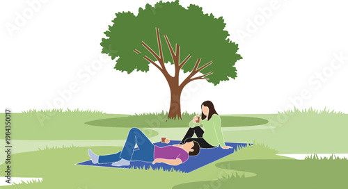 Couple Relaxing on Picnic Blanket Under Tree in Park with Woman Drinking Coffee and Man Lying Down Outdoor Leisure Flat Vector Illustration