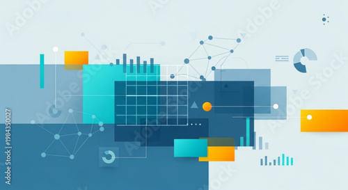 A vibrant infographic illustration with various charts and graphs in shades of blue and orange