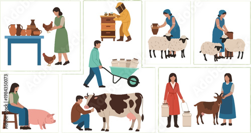 Farm Life and Agriculture Activities Set with Farmers Milking Cow Feeding Animals Pottery Making Sheep Herding and Dairy Production Flat Vector Illustration