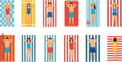 Top View Beach People Sunbathing on Towels Set with Men and Women in Swimwear Colorful Striped Mats Summer Vacation Flat Vector Illustration