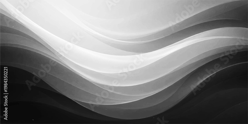 Abstract black and white background featuring smooth flowing waves of luxury silk fabric with an elegant satin texture and soft liquid curves for a sophisticated wallpaper design