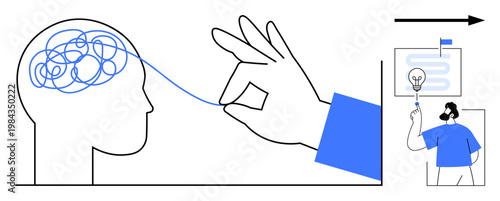 Mental clarity, problem solving, decision making, creative thinking, cognitive processes, brain activity, conceptual growth. Tangled brain being untangled by hand. Mental clarity and problem solving
