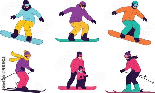 Winter Sports Characters Set with Snowboarders and Skiers in Action, Colorful Cold Weather Outfit Collection, Outdoor Adventure Flat Vector Illustration
