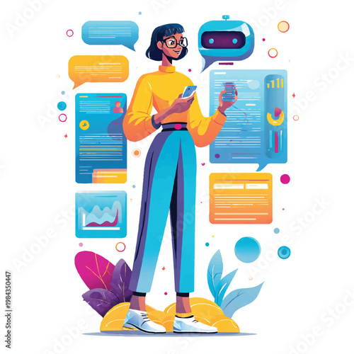 Young Woman Using AI Chatbot Assistant for Data Analysis Illustration