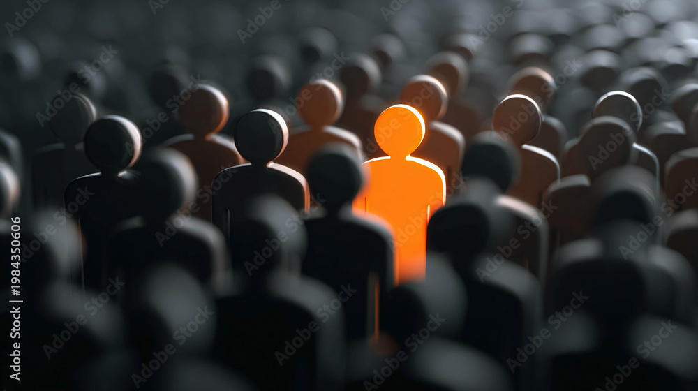 Fototapeta premium A glowing orange human figure stands in the center of a crowd of dark silhouettes on a blurred background, representing the concept of leadership, uniqueness, personalization