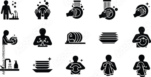 Dishwashing icons: washing plates utensils cutlery with washing dishes cleaning dishes dish rack