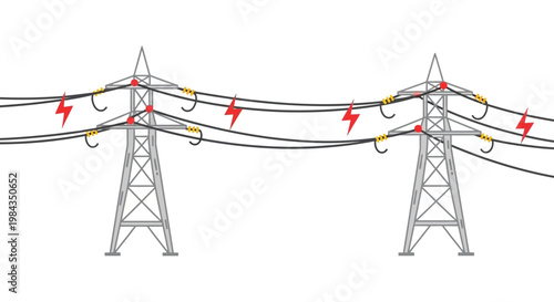 Electrical power lines and towers stretch across a bright white background depicted as a striking silhouette high quality professional detailed modern