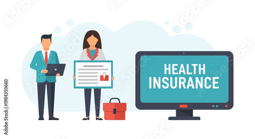 Professionals discussing health insurance options displayed on a large monitor showcasing modern digital healthcare solutions silhouette high quality professional detailed