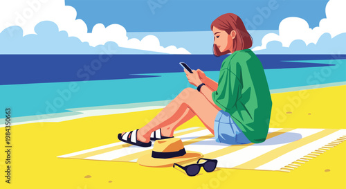 Young Woman Using Smartphone on Beach for Travel App Mockup, Flat Vector Illustration of Girl Relaxing on Sand for Summer Banner
