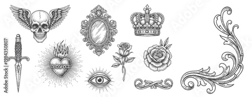 Vintage gothic angelic art, element vector set