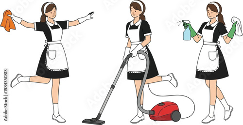House Cleaning Maid Set with Vacuuming, Dusting and Spray Cleaning, Professional Housekeeping Service and Domestic Work Vector Illustration