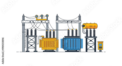 An illustration depicts a high voltage electrical substation with transformers wires and supporting structures silhouette high quality professional detailed modern elegant