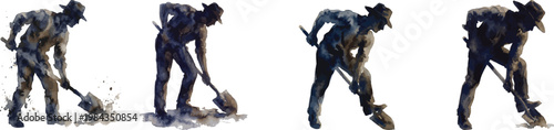 collection watercolor silhouette of a man wearing a hat, bending over to dig with a shovel, on a pure white background
