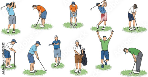 Golf Player Action Set with Swing, Putting, Driving and Celebration Poses, Sports Athlete Training and Game Activities Vector Illustration Collection
