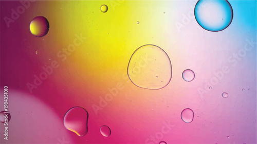 A macro photograph of oil and water droplets on a colorful surface