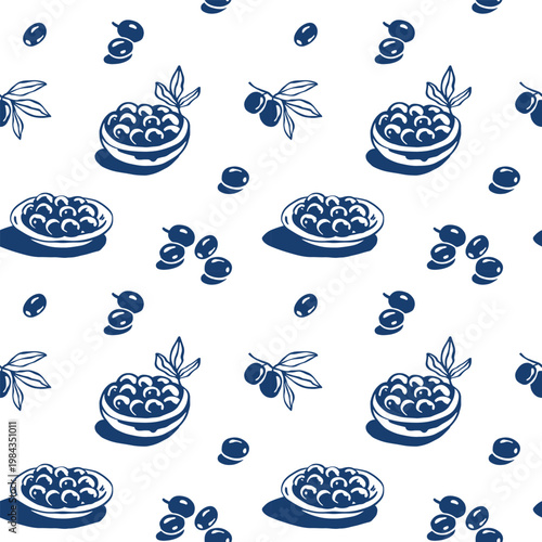 Mediterranean hand-drawn whimsical vector seamless pattern with olives, olive branch and ceramic bowl. Suitable for textile prints, packaging design, kitchen decor and culinary branding