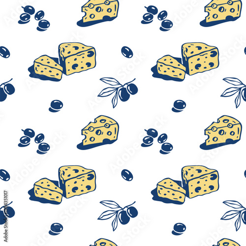Mediterranean hand-drawn whimsical vector seamless pattern with cheese and olives. Ideal for textile design, packaging, kitchen decor and food branding
