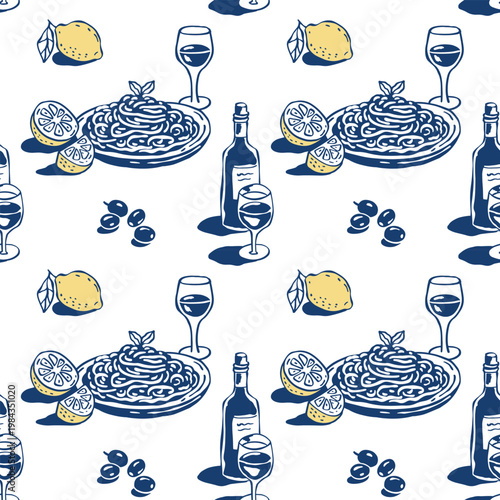 Mediterranean hand-drawn whimsical vector seamless pattern with pasta, lemons, olives, wine bottle and wine glass. Ideal for modern kitchen prints, packaging design and culinary branding