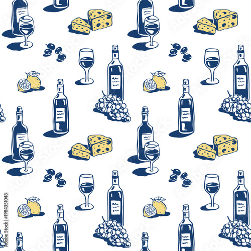 Mediterranean hand-drawn whimsical vector seamless pattern with wine bottle, wine glass, grapes, cheese and olives. Ideal for textile design, packaging and food branding, kitchen decor