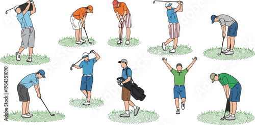 Golf Player Action Set with Swing, Putting, Driving and Celebration Poses, Sports Athlete Training and Game Activities Vector Illustration Collection