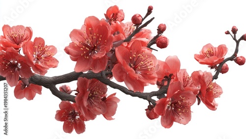Delicate branch of blossoming cherry-like flowers in a rich red-pink hue