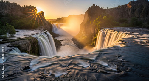 A serene waterfall cascades into a rocky river at sunset