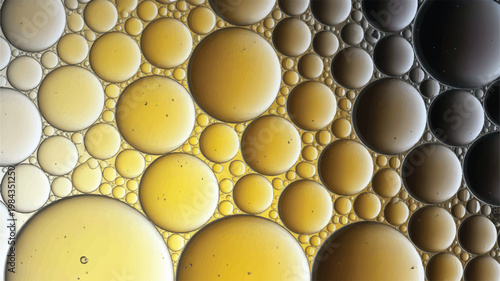 A close-up view of various sized oil bubbles floating on water in a dark environment