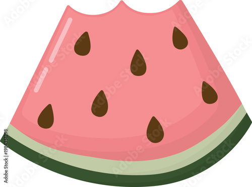 Illustration of juicy watermelon slice with visible bite marks. Fruit with vibrant pulp and seeds isolated on white background.