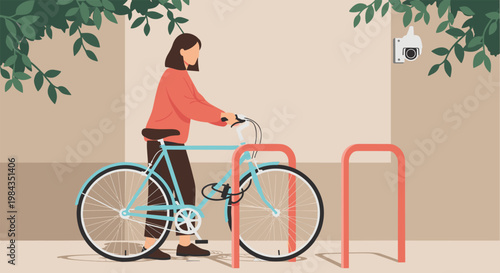 Woman Parking Bicycle at Bike Rack Outdoor Urban Scene with Security Camera Eco Friendly Transport Flat Vector Illustration