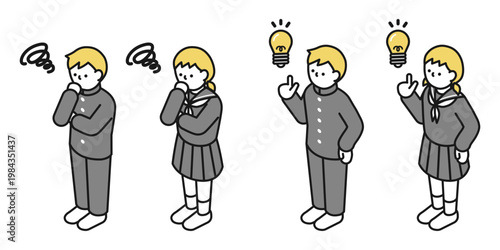 アイソメトリックイラスト:アイデアを思いつく男女 考える男女(中学生)