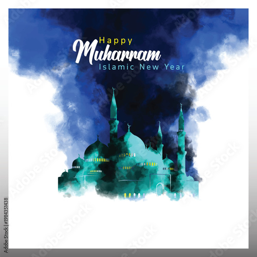 Abstract Watercolor Illustration of a Blue Mosque Silhouette for Islamic New Year Muharram Celebration Greeting Card