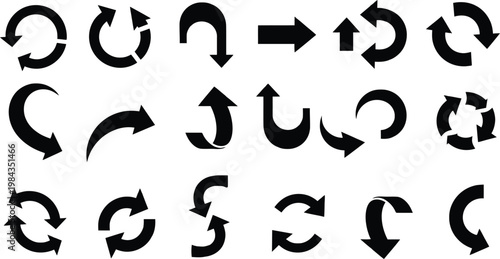 Collection of various circular and curved arrows in different orientations