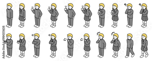 アイソメトリックイラスト：色々なポーズの中学生男女