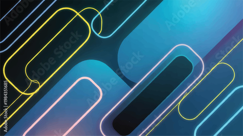 A futuristic scene of glowing neon tubes in a dark room with abstract shapes and vibrant colors