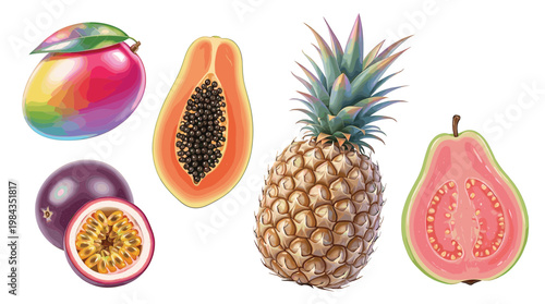 Colorful tropical fruit set featuring mango papaya pineapple passionfruit guava illustration