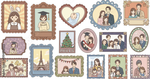 Vintage Family Photo Frames Collection with Parents Children Portraits Decorative Borders Memories Scrapbook Flat Vector Illustration Set