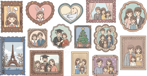 Family Photo Frames Collection with Parents Children Portraits Vintage Decorative Borders Memories Album Flat Vector Illustration Set