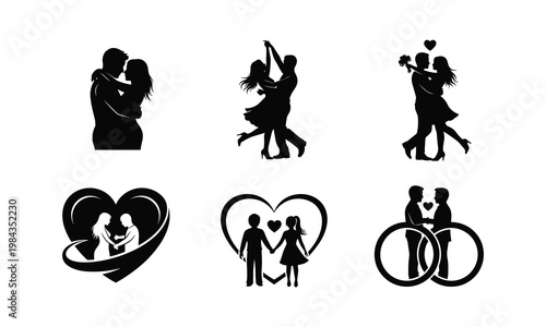 Romantic couples in love silhouettes with heart shapes and wedding ring elements vector.