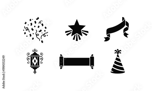 Set of black celebration party vector silhouette illustration, line art elements, on white.