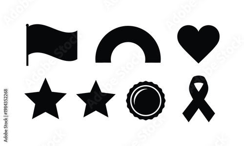 Set of black flat pride icons with flag heart star and awareness ribbon silhouette vector.