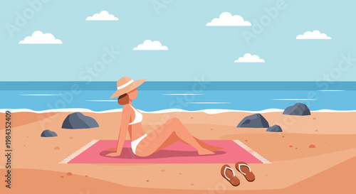 Woman Relaxing on Beach Towel Near Ocean Summer Vacation Scene with Seaside Landscape Sunbathing Lifestyle Flat Vector Illustration