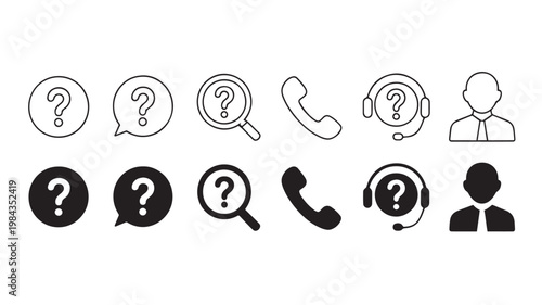 A set of black and white icons depicting various communication symbols.