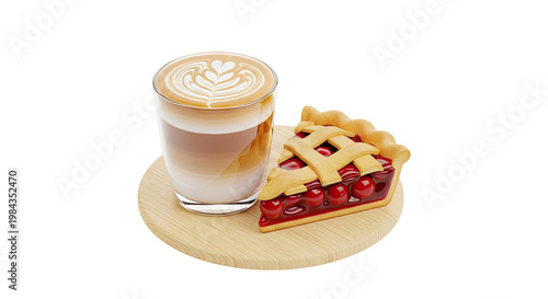 Cherry Pie Slice and Latte Art Coffee
