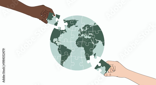 Global collaboration depicted by hands assembling a puzzle globe to symbolize cooperative problem solving.