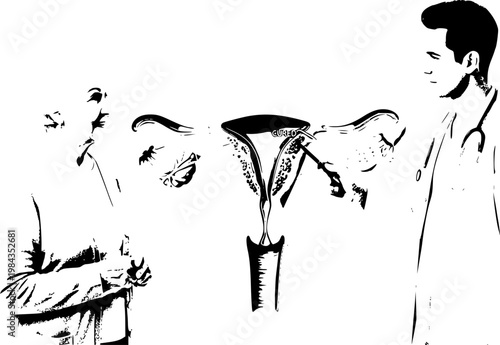 Ovarian Cancer Medical Cure Silhouette: Senior Patient and Doctor with Organ Model, Breakthrough Health Technology Vector Icon