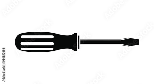 A stark black silhouette of a flathead screwdriver against a white background showcasing its simple form silhouette high quality professional detailed