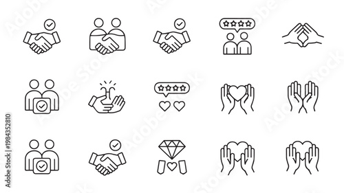 Black and white icons depict various relationships and interactions among people