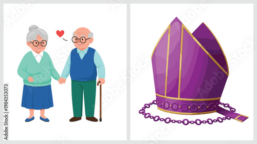 Elderly Couple Love and Religious Hat Symbol Set with Senior People Holding Hands and Bishop Mitre Spiritual Concept Flat Vector Illustration
