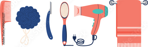 Hair Care Tools Set with Comb Hairbrush Razor Hair Dryer Towel and Scrunchie Personal Grooming Accessories Flat Vector Illustration Collection