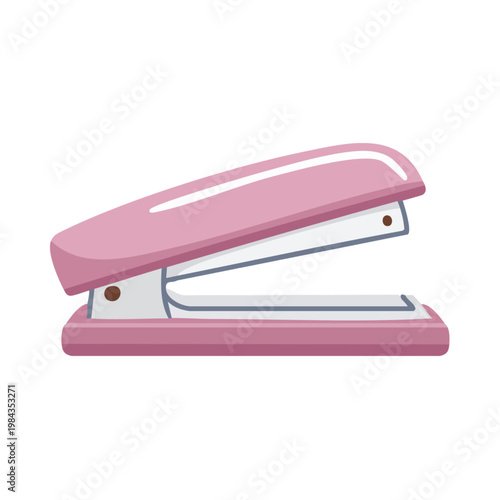 Pink stapler with metal parts on white background office supply for binding papers